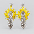 Vintage Virgin Mary Dangle Earrings, Yellow Sunburst Halo Religious Drop Earrings, Gothic Retro Statement Jewelry for Women