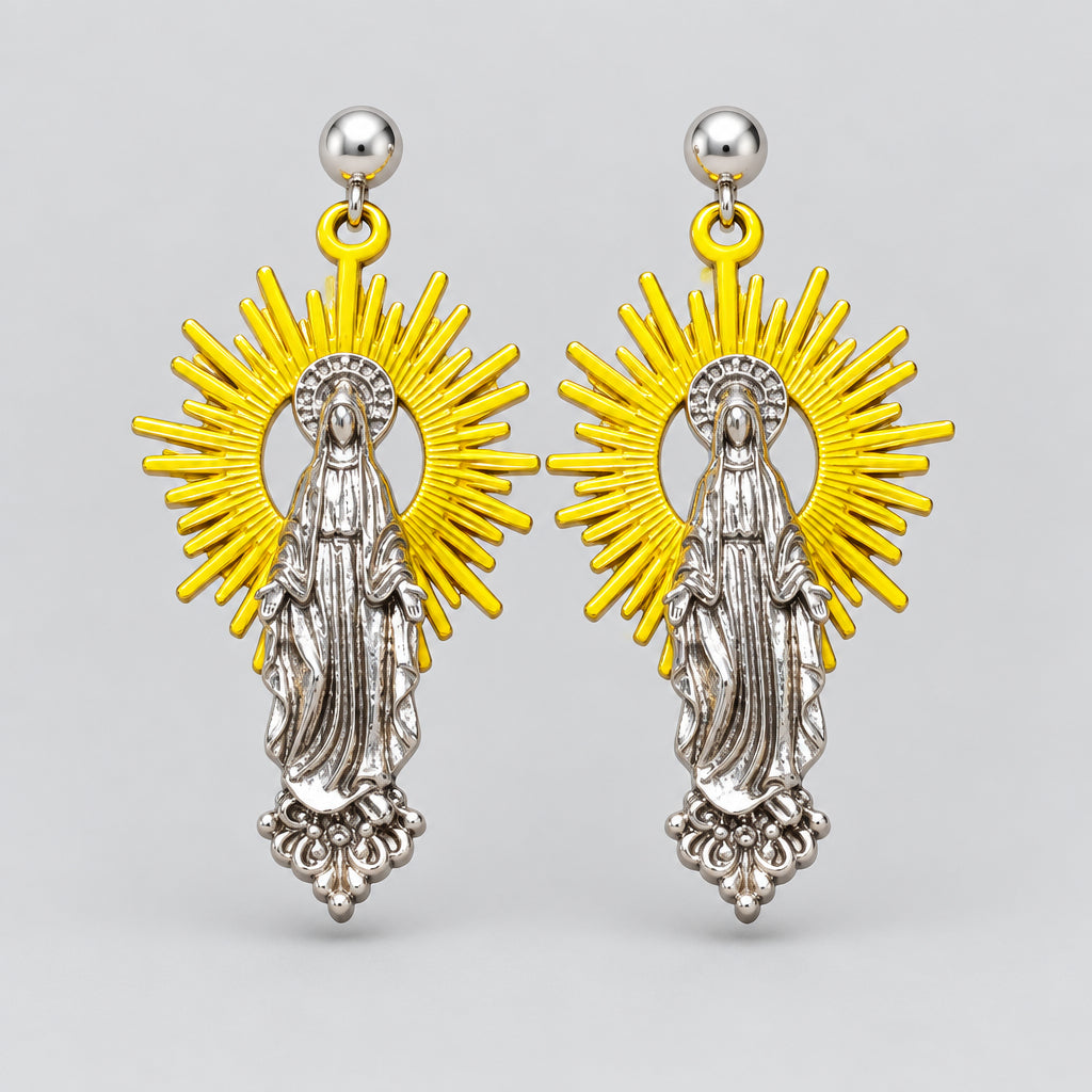Vintage Virgin Mary Dangle Earrings, Yellow Sunburst Halo Religious Drop Earrings, Gothic Retro Statement Jewelry for Women