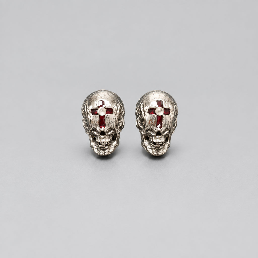 Vintage Skull Cross Stud Earrings, Red Inlaid Cross Gothic Skull Earrings, Punk Dark Statement Ear Jewelry for Alternative Style
