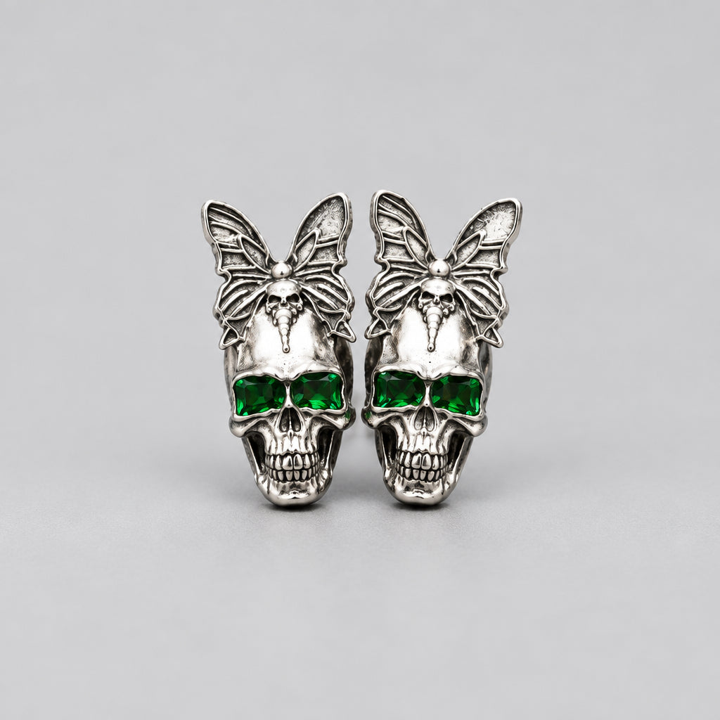 Vintage Butterfly Skull Stud Earrings, Green Crystal Eyed Gothic Skull Earrings, Punk Dark Alternative Statement Ear Jewelry