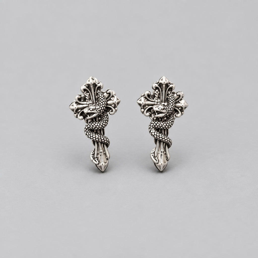 Vintage Snake Wrapped Cross Stud Earrings, Antique Silver Gothic Serpent Cross Earrings, Punk Dark Alternative Statement Ear Jewelry