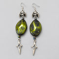 Handmade Green Natural Stone Skull Spike Star Dangle Earrings, Gothic Winged Skull Beaded Drop Earrings, Dark Grunge Alternative Statement Ear Jewelry
