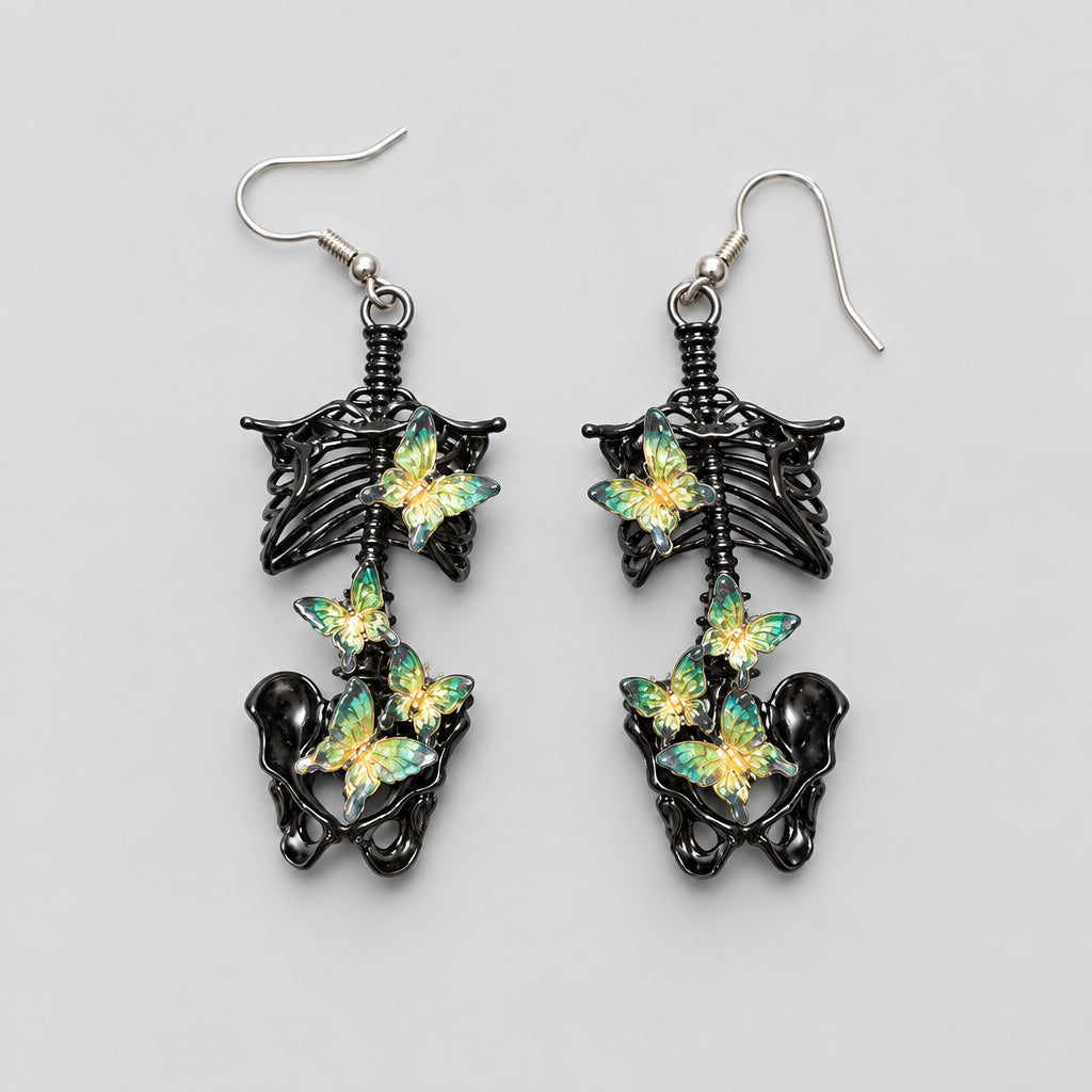 Gothic Skeleton Torso Iridescent Butterfly Dangle Earrings, Black Bone Ribcage with Shimmering Color Shift Butterflies Drop Earrings, Dark Romantic Witchy Alternative Statement Ear Jewelry