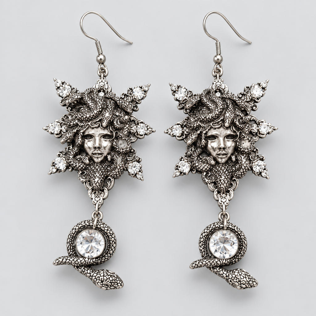 Gothic Medusa Crystal Dangle Earrings, Antique Silver Gorgon Head with Snake & Clear Rhinestone Drop Earrings, Dark Mythology Witchy Alternative Statement Ear Jewelry