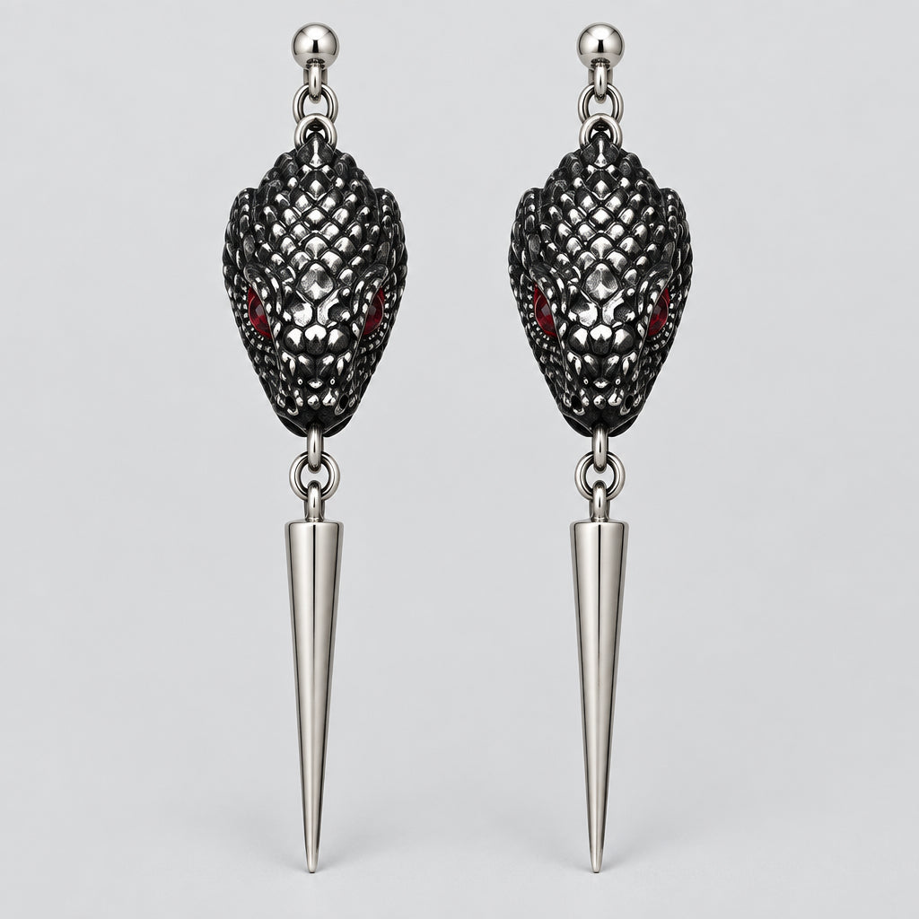 Gothic Snake Head Spike Dangle Earrings, Red Crystal Eyed Serpent Drop Earrings, Punk Dark Alternative Statement Ear Jewelry