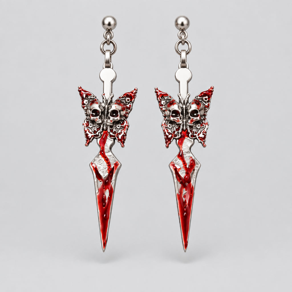Gothic Blood Dagger Butterfly Skull Dangle Earrings, Red Blood Paint Sword Drop Earrings, Punk Dark Halloween Statement Ear Jewelry