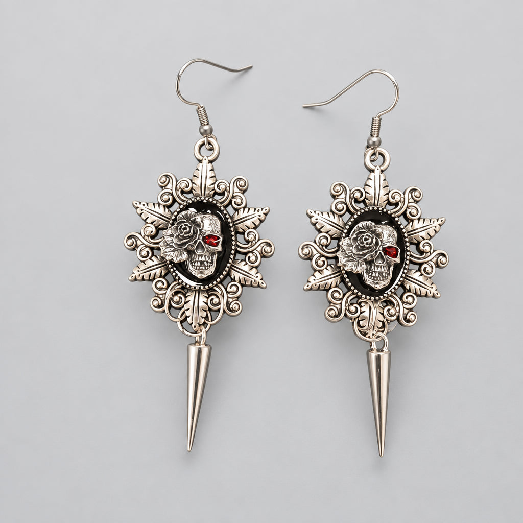 Vintage Ornate Frame Skull Rose Spike Dangle Earrings, Red Crystal Eyed Gothic Skull Drop Earrings, Dark Baroque Punk Alternative Statement Ear Jewelry