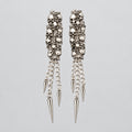 Gothic Stacked Skulls Chain Spike Tassel Dangle Earrings, Antique Silver Multi Skull Long Drop Earrings, Punk Dark Heavy Metal Alternative Statement Ear Jewelry