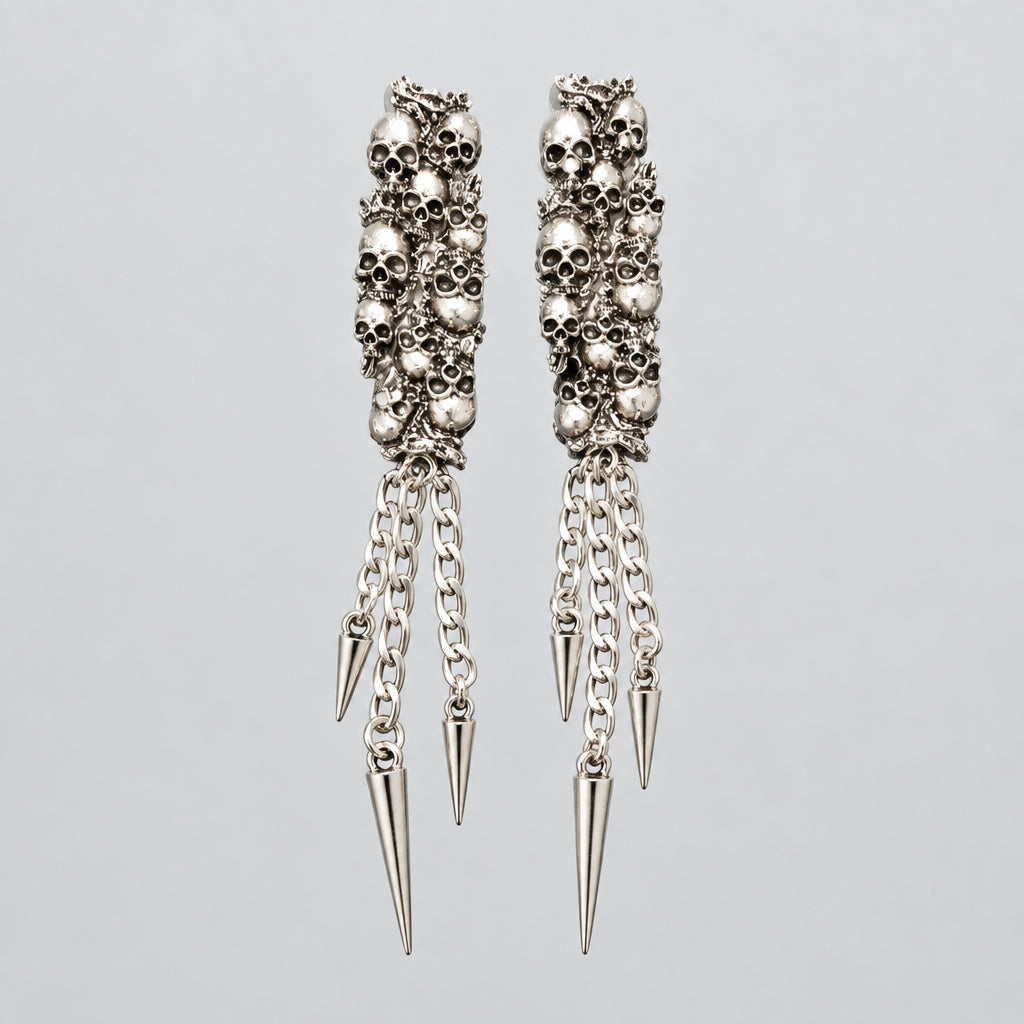 Gothic Stacked Skulls Chain Spike Tassel Dangle Earrings, Antique Silver Multi Skull Long Drop Earrings, Punk Dark Heavy Metal Alternative Statement Ear Jewelry