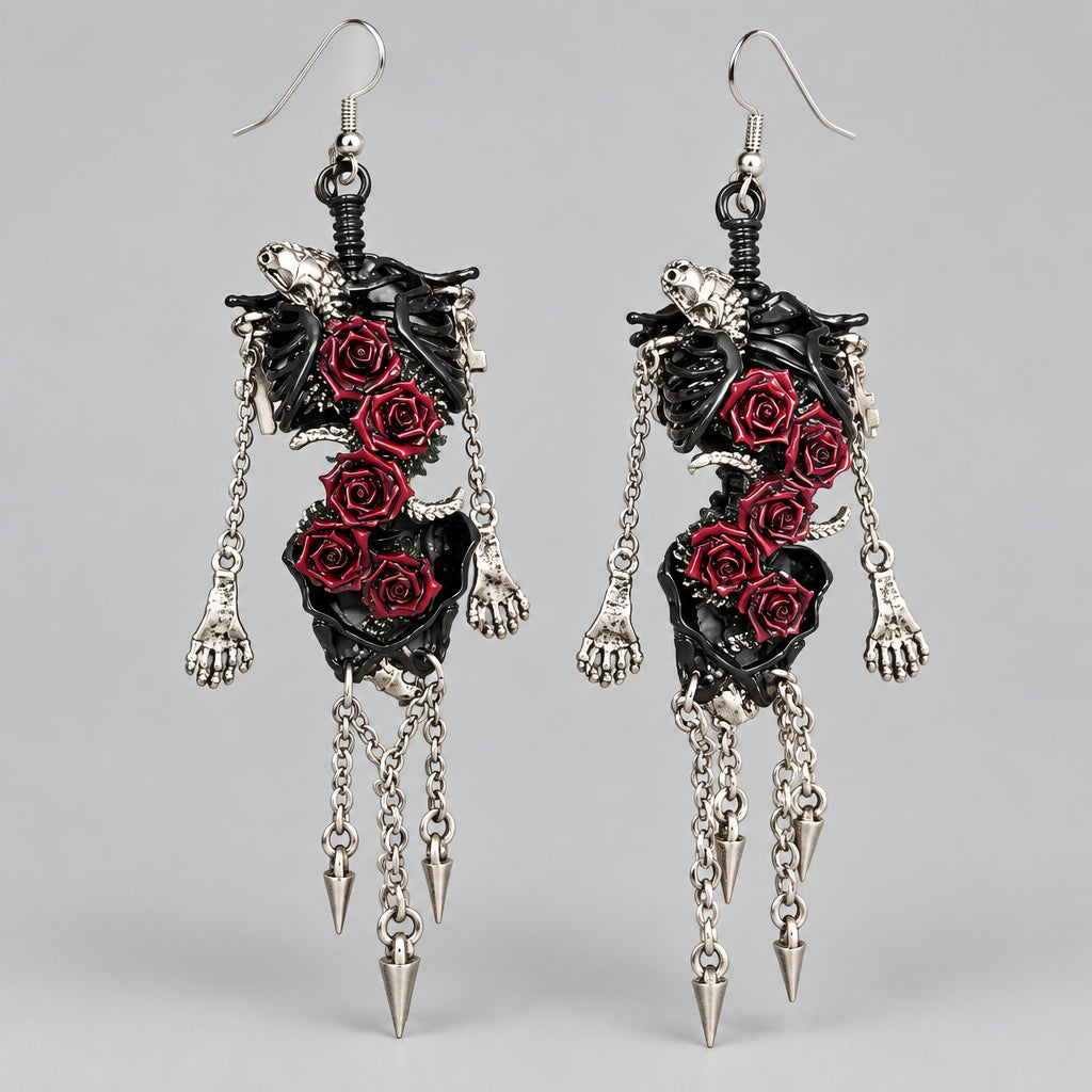 Gothic Skeleton Torso Red Rose Chain Spike Dangle Earrings, Black Body Skeletal with Red Roses Long Drop Earrings, Punk Dark Romantic Halloween Statement Ear Jewelry