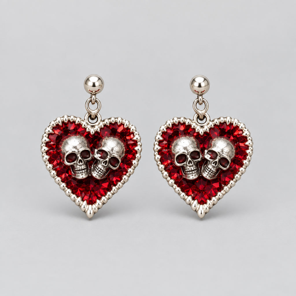 Gothic Red Rhinestone Heart Double Skull Dangle Earrings, Vintage Silver Twin Skulls Heart Drop Earrings, Punk Dark Love Statement Ear Jewelry