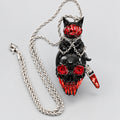 Gothic Black Cat On Vampire Skull Necklace, Red Crystal Eyed Skull with Fangs Pendant, Dark Witchy Punk  Chain Statement Necklace