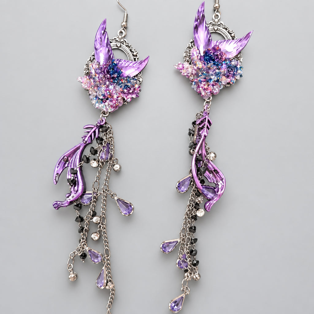Purple Fairy Wing Rhinestone Tassel Dangle Earrings, Ornate Vintage Frame Crystal Beaded Long Drop Earrings, Dark Fairycore Fantasy Witchy Alternative Statement Ear Jewelry