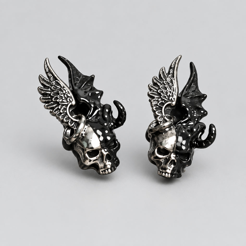 Gothic Angel & Demon Wing Skull Stud Earrings, Two Tone Half Angel Half Devil Skull Earrings, Punk Dark Fantasy Alternative Statement Ear Jewelry