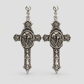 Gothic Vintage Cross Dangle Earrings, Antique Silver Skeleton Lovers Cameo Drop Earrings, Memento Mori Dark Romantic Witchy Alternative Statement Jewelry