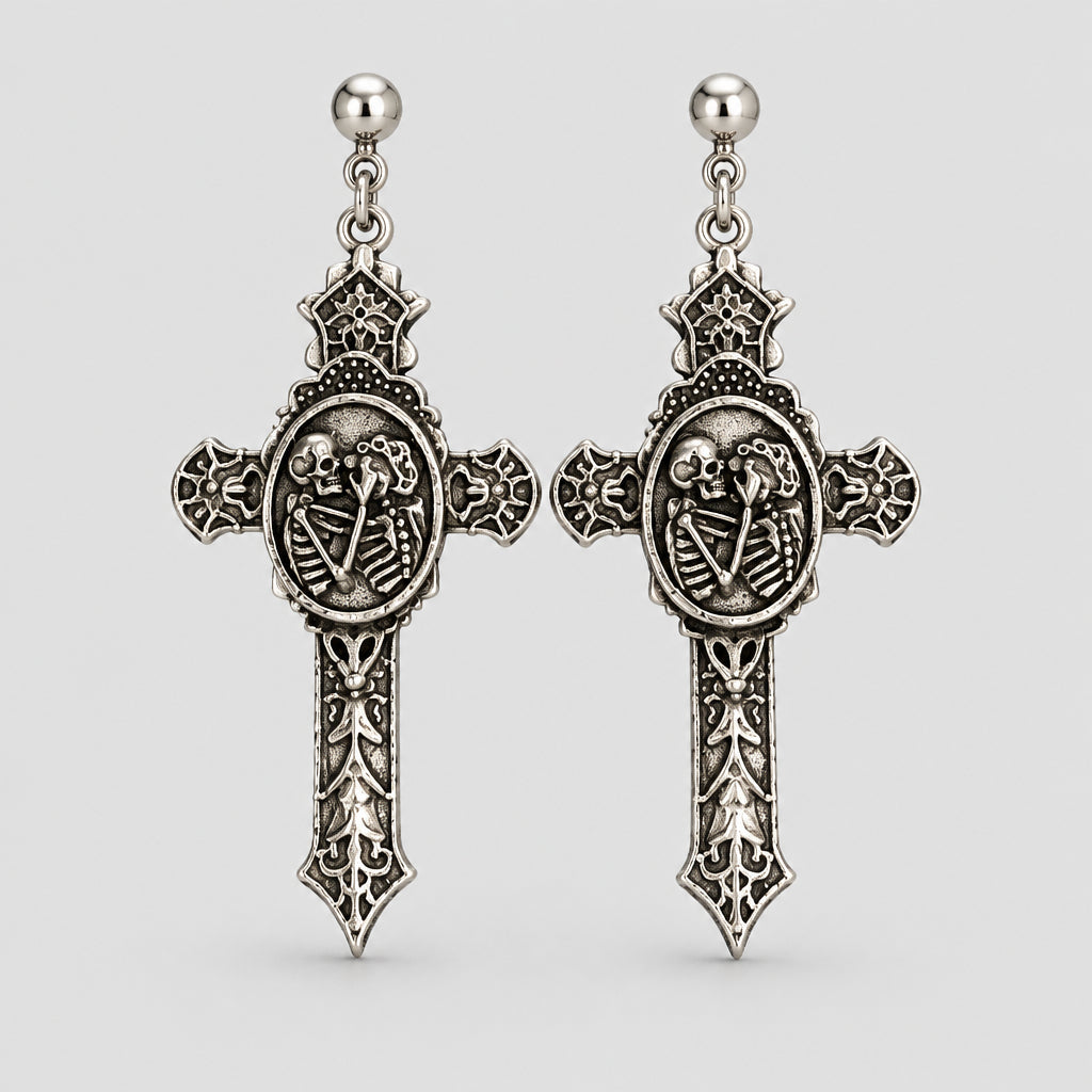 Gothic Vintage Cross Dangle Earrings, Antique Silver Skeleton Lovers Cameo Drop Earrings, Memento Mori Dark Romantic Witchy Alternative Statement Jewelry