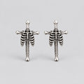 Gothic Skeleton Ribcage Cross Stud Earrings, Antique Silver Bone Torso Cross Earrings, Punk Dark Aesthetic Alternative Statement Ear Jewelry