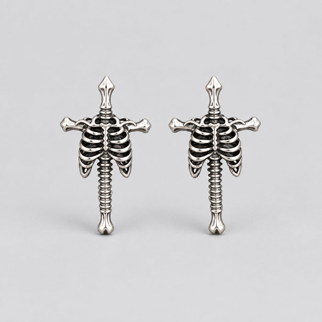 Gothic Skeleton Ribcage Cross Stud Earrings, Antique Silver Bone Torso Cross Earrings, Punk Dark Aesthetic Alternative Statement Ear Jewelry