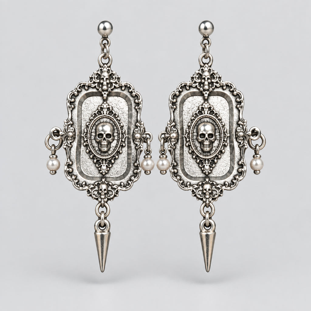 Gothic Vintage Frame Skull Pearl Spike Dangle Earrings, Antique Silver Ornate Filigree Memento Mori Drop Earrings, Dark Romantic Witchy Alternative Statement Jewelry