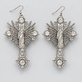 Gothic Virgin Mary Winged Cross Rhinestone Dangle Earrings, Antique Silver Ornate Baroque Crystal Drop Earrings, Dark Religious Witchy Alternative Statement Ear Jewelry