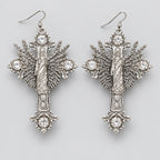 Gothic Virgin Mary Winged Cross Rhinestone Dangle Earrings, Antique Silver Ornate Baroque Crystal Drop Earrings, Dark Religious Witchy Alternative Statement Ear Jewelry