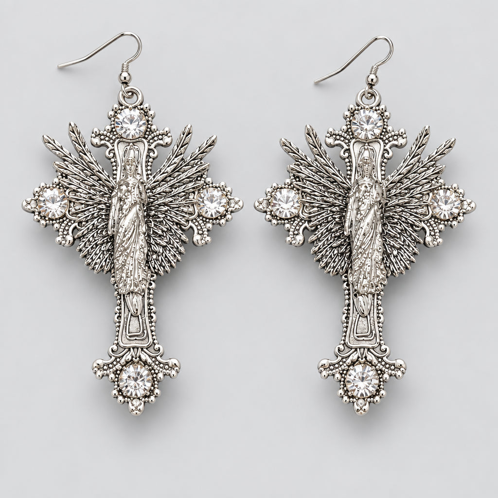 Gothic Virgin Mary Winged Cross Rhinestone Dangle Earrings, Antique Silver Ornate Baroque Crystal Drop Earrings, Dark Religious Witchy Alternative Statement Ear Jewelry