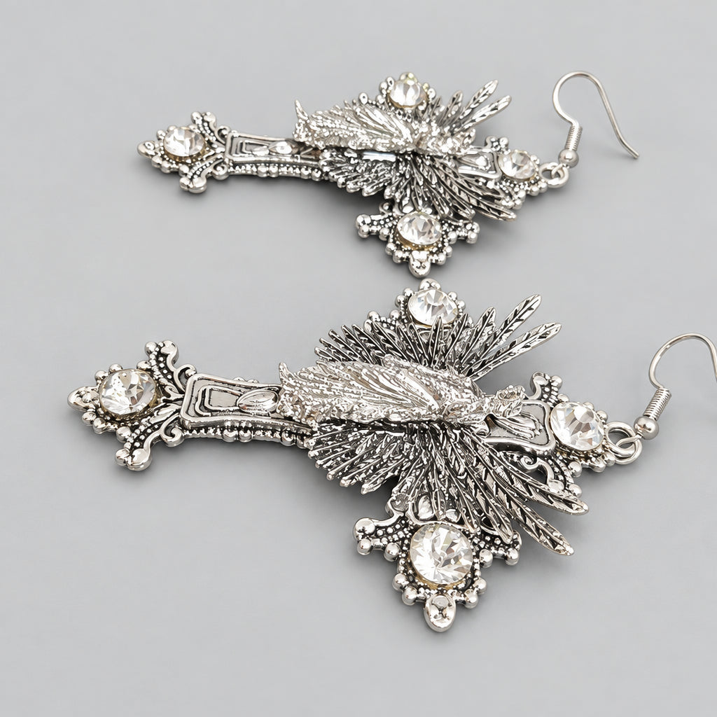 Gothic Virgin Mary Winged Cross Rhinestone Dangle Earrings, Antique Silver Ornate Baroque Crystal Drop Earrings, Dark Religious Witchy Alternative Statement Ear Jewelry