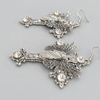 Gothic Virgin Mary Winged Cross Rhinestone Dangle Earrings, Antique Silver Ornate Baroque Crystal Drop Earrings, Dark Religious Witchy Alternative Statement Ear Jewelry