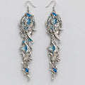 Vintage Silver Mermaid Filigree Blue Crystal Long Dangle Earrings, Ornate Baroque Sea Witch Teardrop Rhinestone Drop Earrings, Dark Fantasy Ocean Witchy Alternative Statement Ear Jewelry