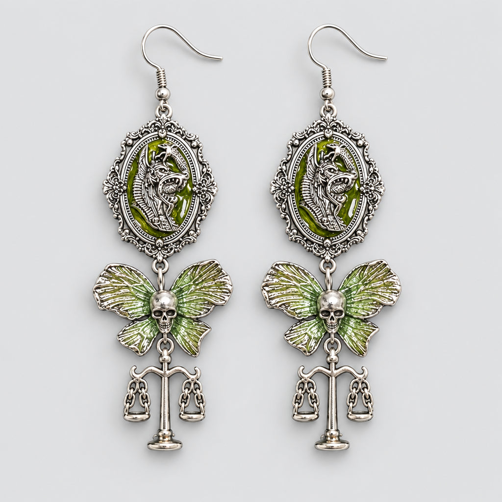 Gothic Vintage Cerberus Butterfly Skull Scales Dangle Earrings, Antique Silver Green Enamel Cameo Long Drop Earrings, Dark Mythology Witchy Alternative Statement Ear Jewelry