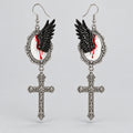 Gothic Bleeding Black Wing Cross Dangle Earrings, Antique Silver Ornate Filigree Cameo Drop Earrings, Dark Romantic Vampire Witchy Alternative Statement Ear Jewelry