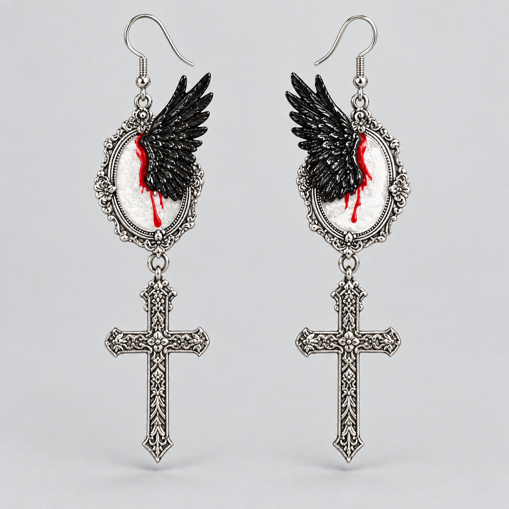 Gothic Bleeding Black Wing Cross Dangle Earrings, Antique Silver Ornate Filigree Cameo Drop Earrings, Dark Romantic Vampire Witchy Alternative Statement Ear Jewelry
