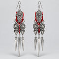 Gothic Three Lion Heads Red Enamel Spike Long Dangle Earrings, Antique Silver Heraldic Lion Spiked Drop Earrings, Dark Warrior Punk Alternative Statement Ear Jewelry