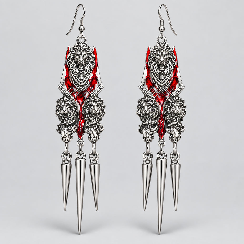 Gothic Three Lion Heads Red Enamel Spike Long Dangle Earrings, Antique Silver Heraldic Lion Spiked Drop Earrings, Dark Warrior Punk Alternative Statement Ear Jewelry