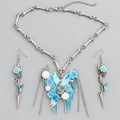 Gothic Blue Butterfly Skull Rose Bone Chain Jewelry Set, Dripping Paint Tassel Necklace & Spike Earrings, Dark Fantasy Witchy Statement Jewellery