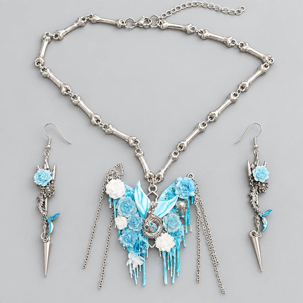 Gothic Blue Butterfly Skull Rose Bone Chain Jewelry Set, Dripping Paint Tassel Necklace & Spike Earrings, Dark Fantasy Witchy Statement Jewellery