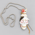 Gothic Day of the Dead Cat on Skull Pendant Necklace, Silver Twist Rope Chain Hand Painted Sugar Skull Cat Statement Necklace, Dark Fantasy Witchy Alternative Jewelry