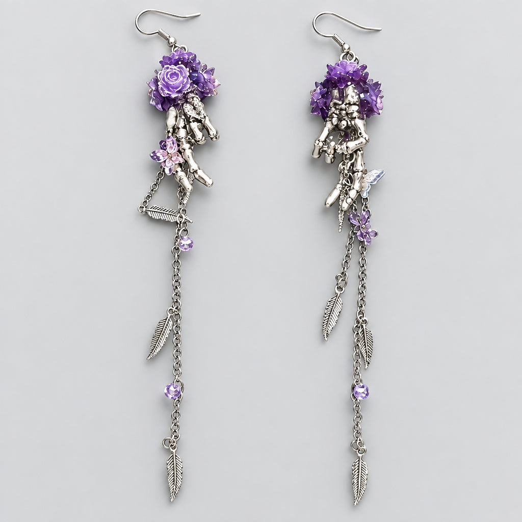 Gothic Purple Rose Skeleton Hand Feather Chain Long Dangle Earrings, Antique Silver Floral Skull Hand Tassel Drop Earrings, Dark Fairy Memento Mori Witchy Alternative Statement Ear Jewelry