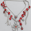 Gothic Layered Ankh Eye of Horus Necklace, Red Butterfly & Red Heart Floral Tassel Multi-Chain Statement Necklace, Dark Egyptian Witchy Alternative Jewelry