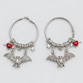 Gothic Bat Wing Red Winged Heart Cross Charm Hoop Earrings, Silver Large Hoop Dangle Earrings, Punk Vampire Witchy Alternative Statement Ear Jewelry