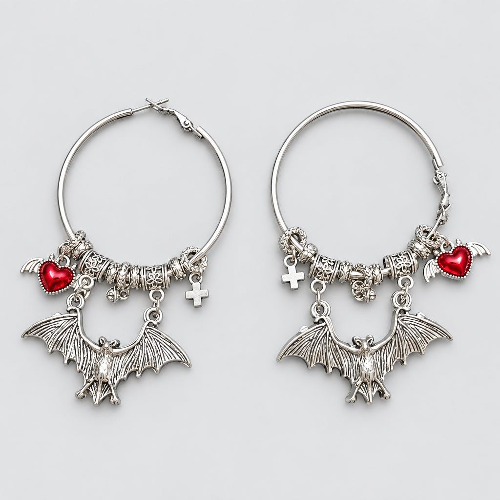Gothic Bat Wing Red Winged Heart Cross Charm Hoop Earrings, Silver Large Hoop Dangle Earrings, Punk Vampire Witchy Alternative Statement Ear Jewelry