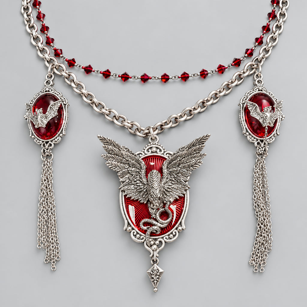 Gothic Red Gem Eagle Snake Layered Chain Necklace, Vintage Ornate Bat Cameo Tassel Statement Necklace, Dark Victorian Witchy Alt Jewelry