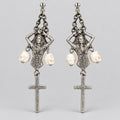 Gothic Skeleton Woman Figurine Skull Bead Cross Chain Dangle Earrings, Antique Silver Memento Mori Drop Earrings, Dark Macabre Witchy Alternative Statement Ear Jewelry