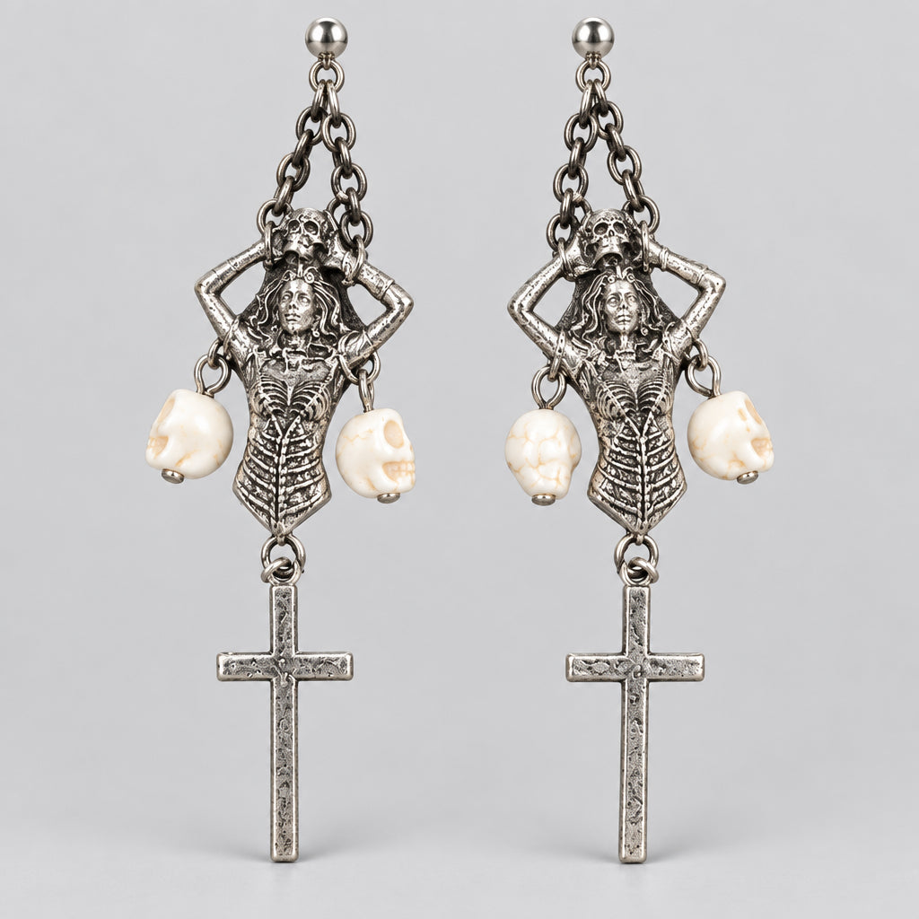 Gothic Skeleton Woman Figurine Skull Bead Cross Chain Dangle Earrings, Antique Silver Memento Mori Drop Earrings, Dark Macabre Witchy Alternative Statement Ear Jewelry