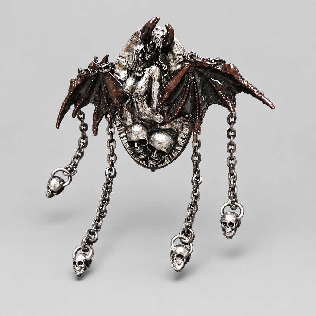 Gothic Demon Lady Bat Wing Chain Open Ring, Antique Silver Devil Goddess with Skulls Tassel Statement Ring, Dark Fantasy Punk Adjustable Alternative Jewelry