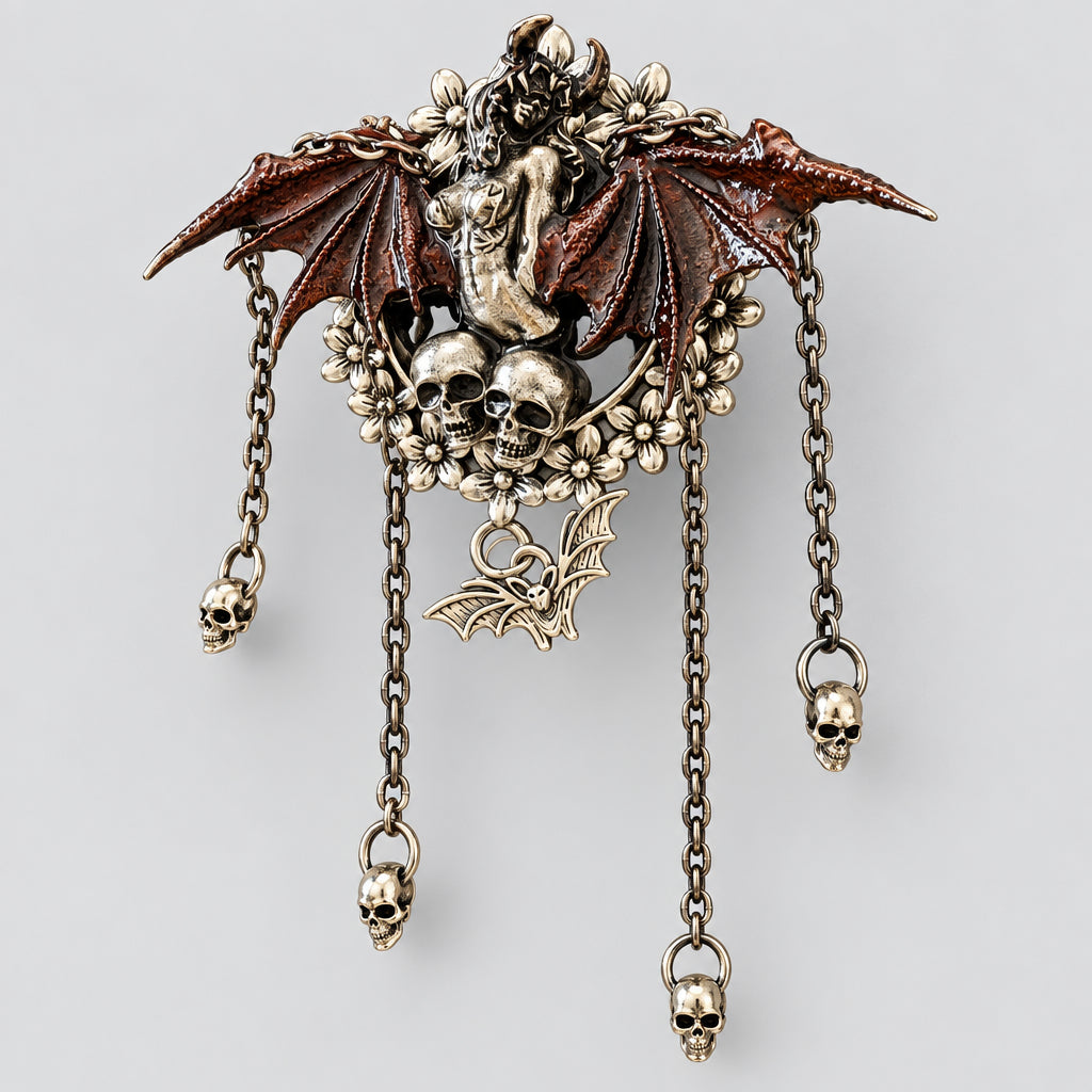Gothic Demon Wing Brooch, Vintage Floral Skull Tassel Chain Pin, Dark Fantasy Bat & Devil Figure Lapel Badge, Punk Gothic Statement Accessory