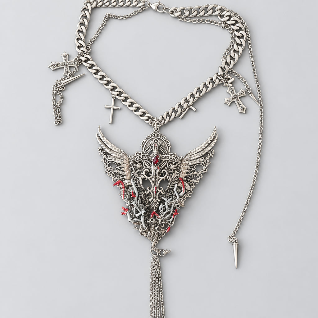 Gothic Fallen Angel Wing Statement Necklace, Red Crystal Ornate Filigree Cross & Blood Detail Chunky Chain Necklace, Dark Punk Occult Gothic Layered Pendant