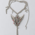 Gothic Fallen Angel Wing Statement Necklace, Red Crystal Ornate Filigree Cross & Blood Detail Chunky Chain Necklace, Dark Punk Occult Gothic Layered Pendant