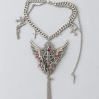 Gothic Fallen Angel Wing Statement Necklace, Red Crystal Ornate Filigree Cross & Blood Detail Chunky Chain Necklace, Dark Punk Occult Gothic Layered Pendant