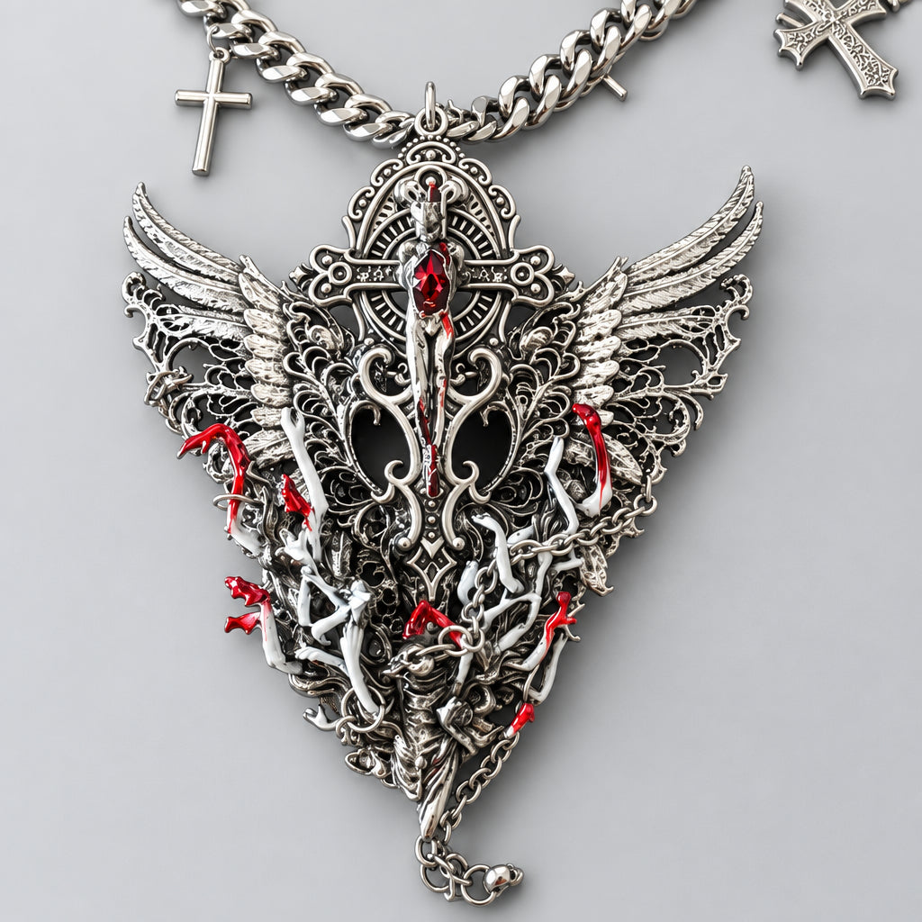 Gothic Fallen Angel Wing Statement Necklace, Red Crystal Ornate Filigree Cross & Blood Detail Chunky Chain Necklace, Dark Punk Occult Gothic Layered Pendant